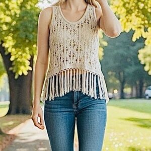 Daytrip Crochet Sweater Tank Top w/ Fringe